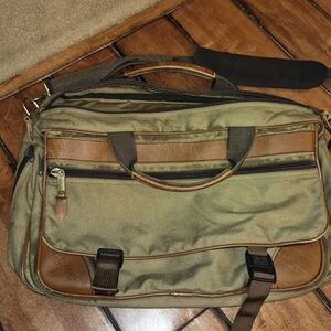 Vintage L.L. Bean Olive Green Canvas Laptop Brief with Brown Leather Trim